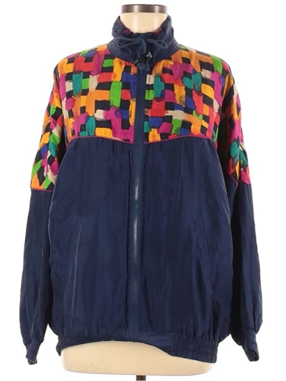ROBERT STOCK Limited Silk Multicolor Yoke Navy Track Jacket Women’s Med Vintage - Picture 2 of 4